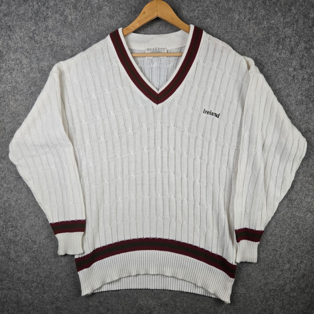 Blarney Woollen Mills Sweater Mens L White Ireland Cricket V-Neck Cable Knit